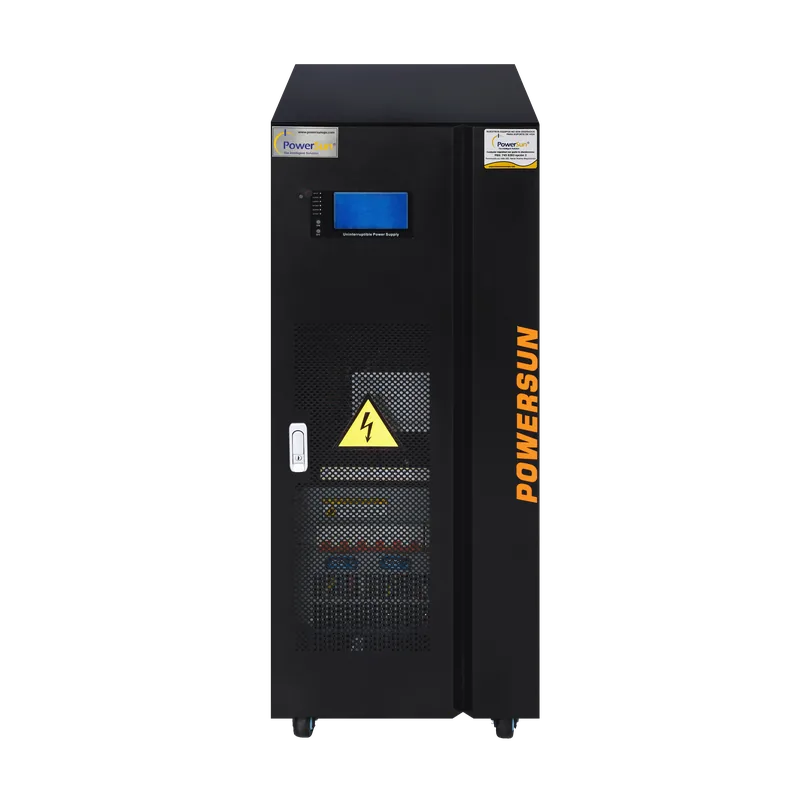 Vista frontal de una UPS trifásica PowerSun de alta capacidad ideal para entornos industriales
